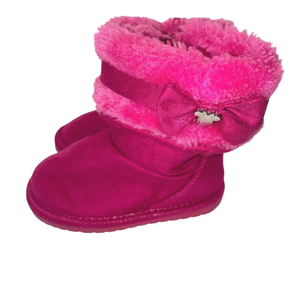 Disney Minnie Mouse Toddler Girls Hot Pink Faux Fur Bow Winter Boots Size 4